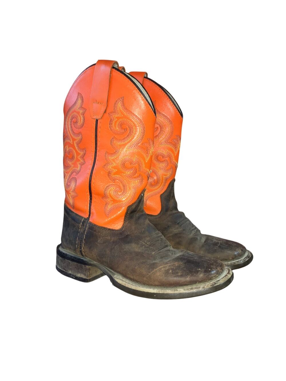 Old West Youth 13 D Brown Orange Square Toe Western Boots Cowboy Six-Row Stitch